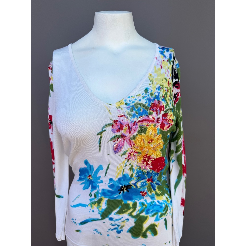 My Favorite Things Colleen Lopez Floral Sweater Top Small White Sequin Bead - Picture 2 of 14